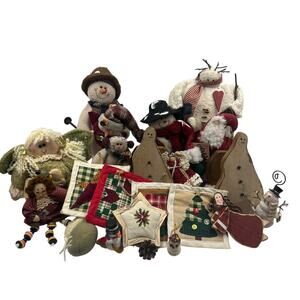 Large Lot Primitive Handmade Christmas Decor Ornaments Angels Snowmen Plush